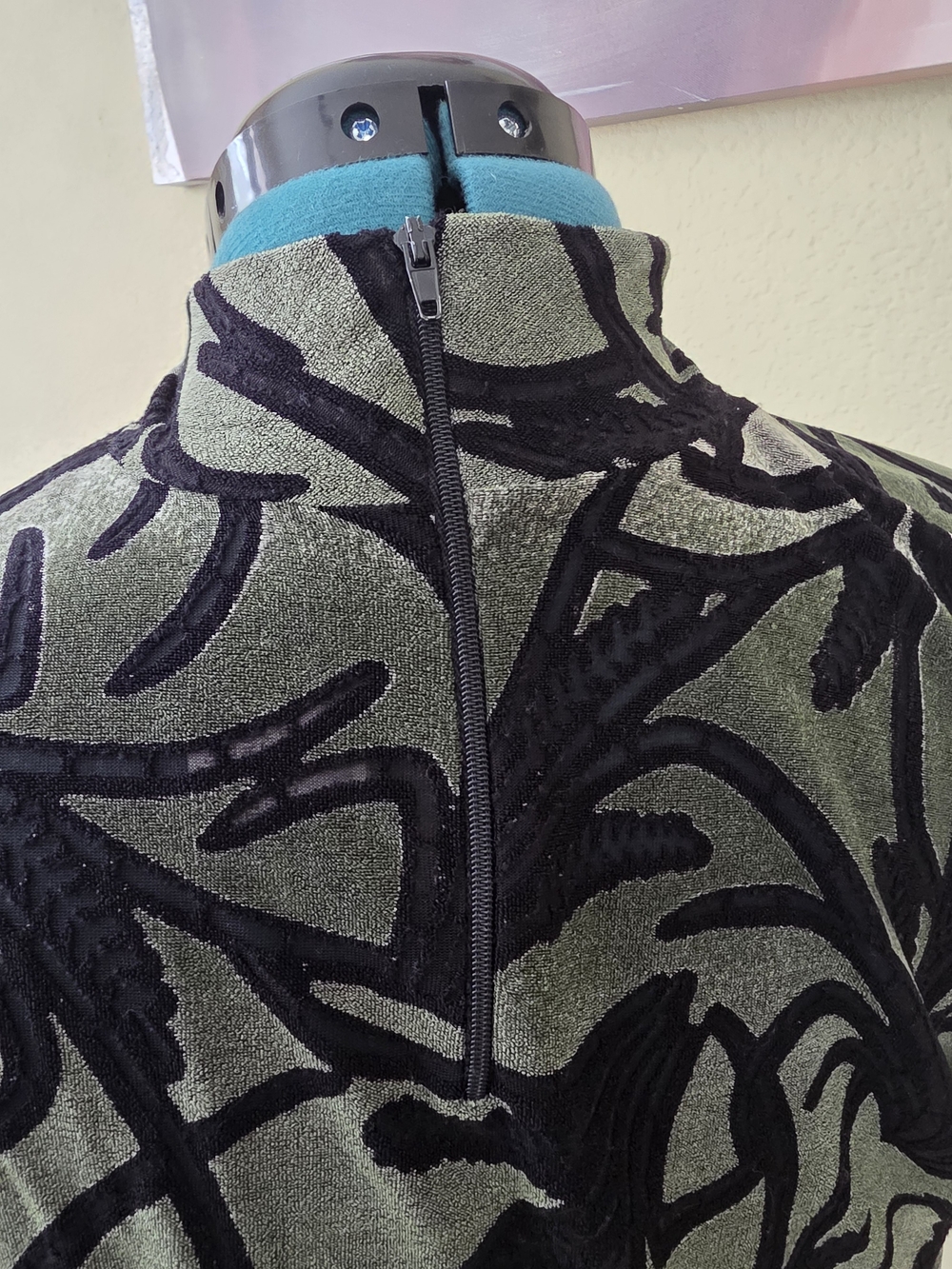 Women’s Olive Green Short-Sleeve Mock Neck Top with Black Velvet Flocked Pattern - Picture 6 of 7